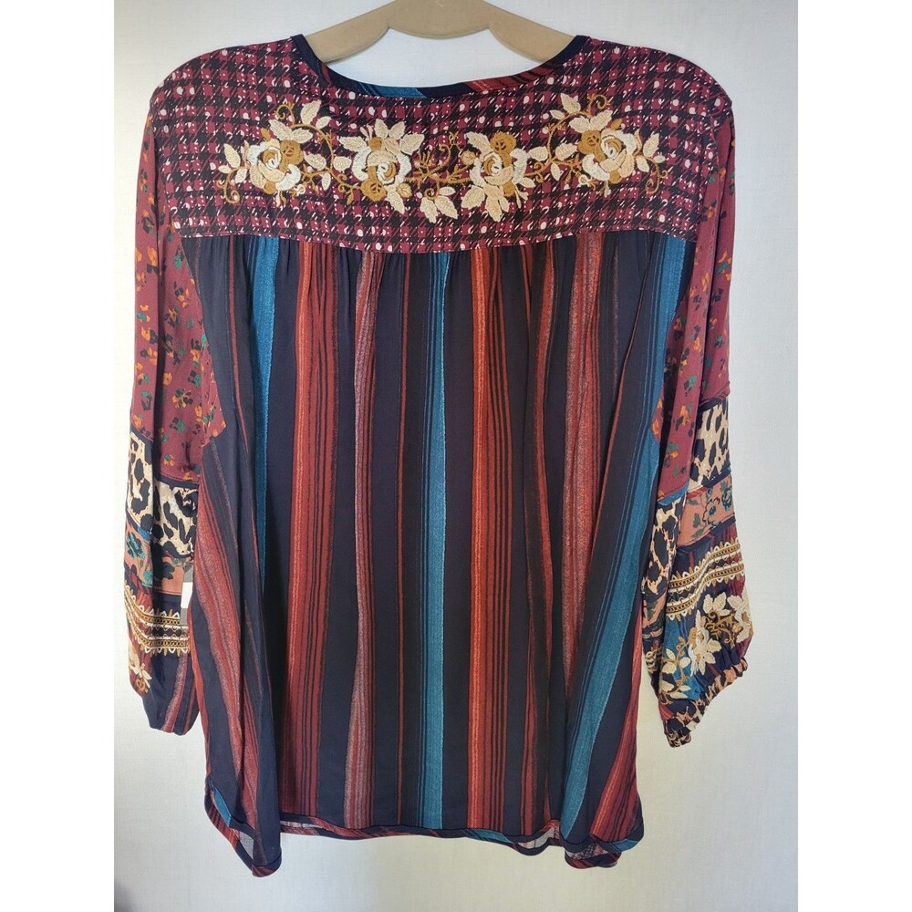 John Mark Womens Embroidered Stripe Tassel Tie Tunic Boho Floral Contrast XL - Picture 5 of 12
